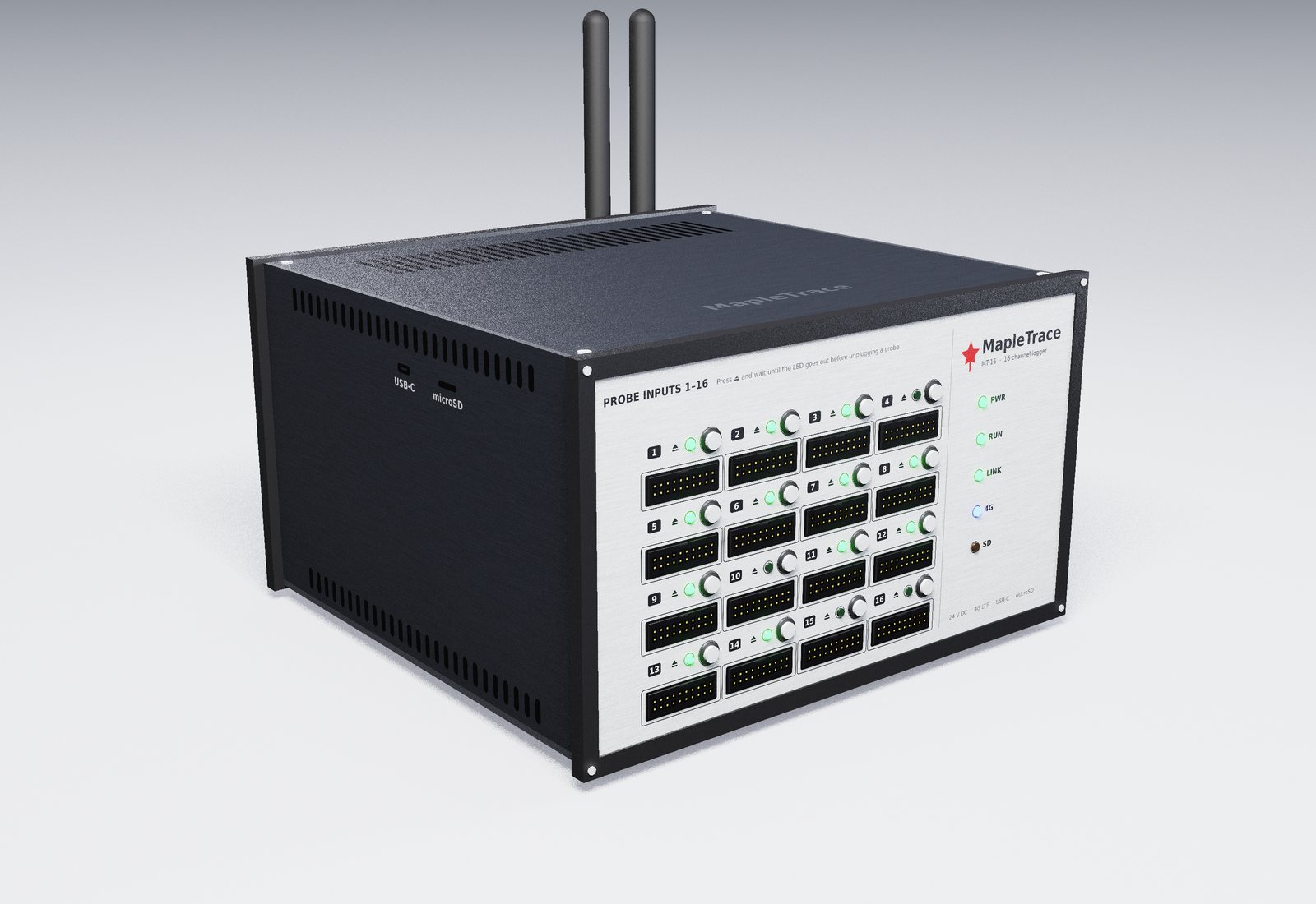 MT-16 roadside logger, front view with sixteen sensor ports and antennas.